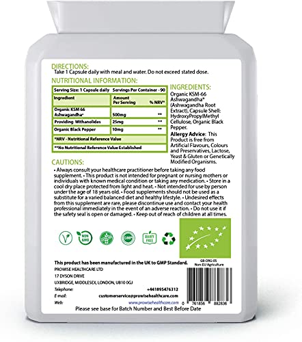 KSM-66 Ashwagandha with Organic Black Pepper 500mg 90 Capsules | Certified Ashwagandha KSM-66 100% Natural Supplement | Ayurveda Formula – UK Manufactured | GMP Standards by Prowise Healthcare|B07GR795F7 - Image 2
