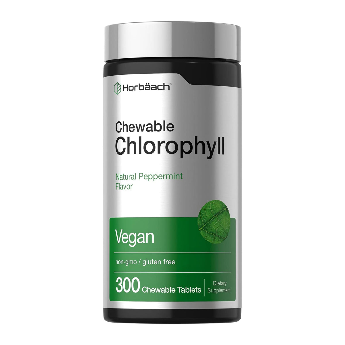Chlorophyll Tablets | 300 Chewables | Natural Peppermint Flavor by Horbaach, front of bottle - Image 1