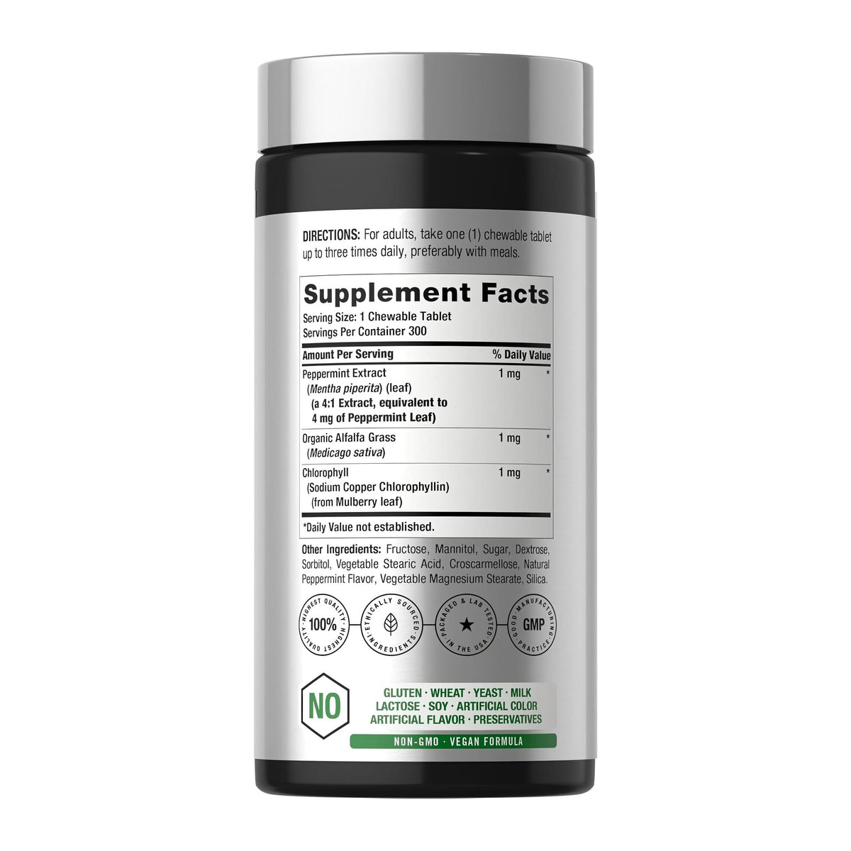 Chlorophyll Tablets | 300 Chewables | Natural Peppermint Flavor by Horbaach, supplement facts panel - Image 2