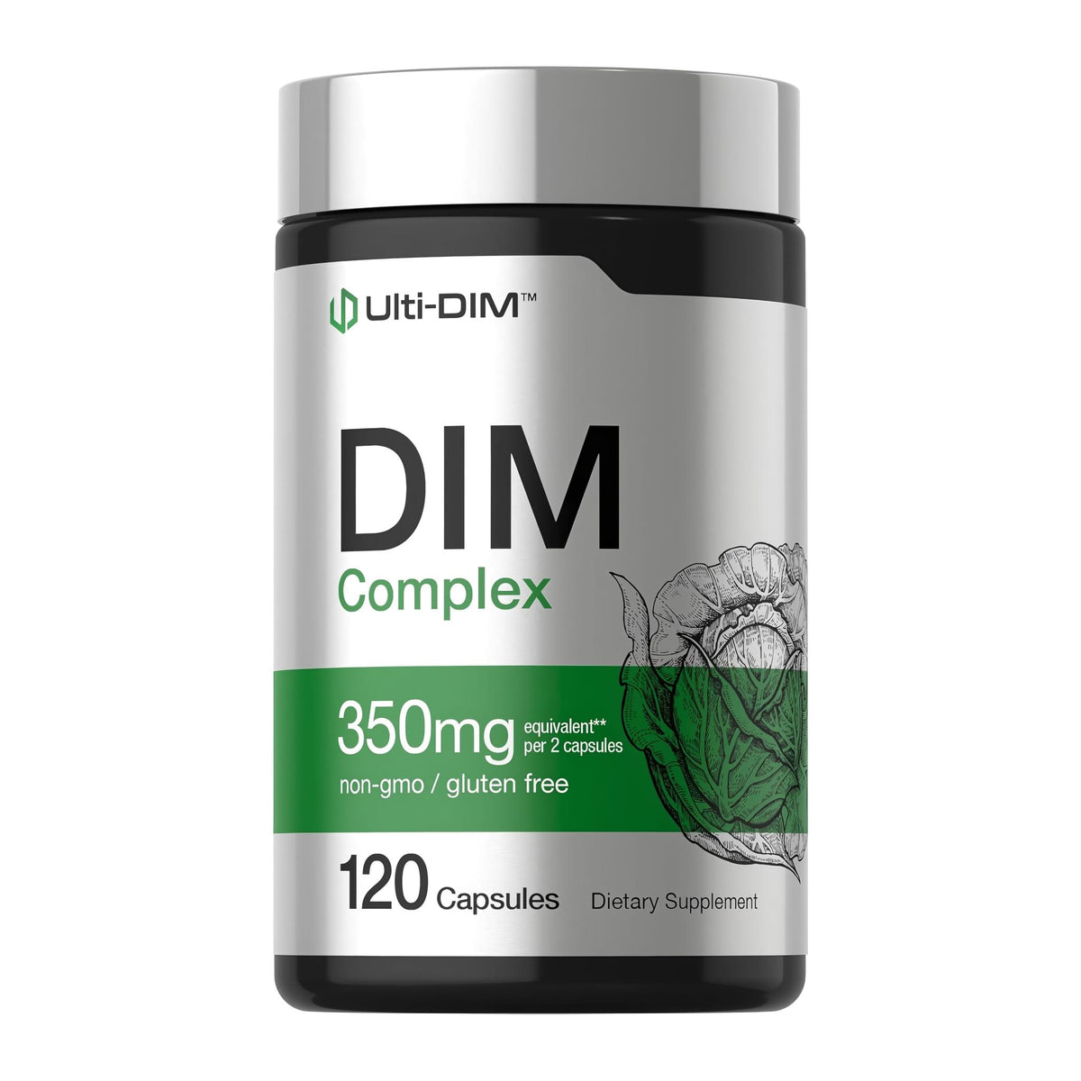 DIM Complex Supplement 350mg | 120 Capsules | Diindolylmethane by Horbaach, front of bottle - Image 1
