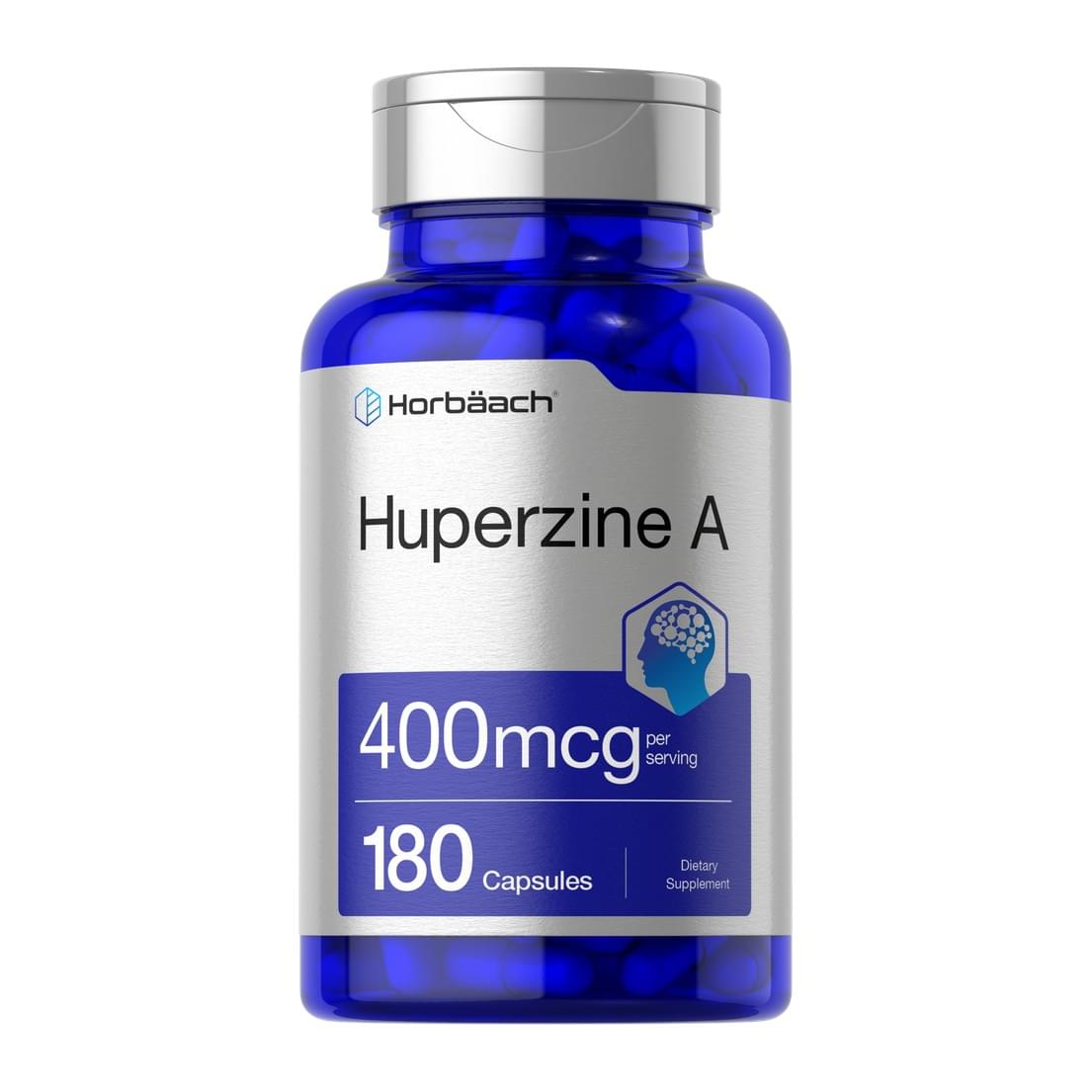 Horbäach Huperzine A 400 mcg 180 Capsules, front of bottle - Image 1