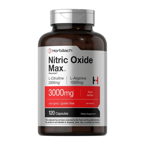 Horbäach Nitric Oxide Max 3000mg – 120 Capsules, front of bottle
