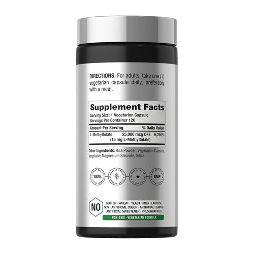 L Methylfolate 15000 mcg | 120 Capsules | 15mg by Horbaach, supplement facts panel