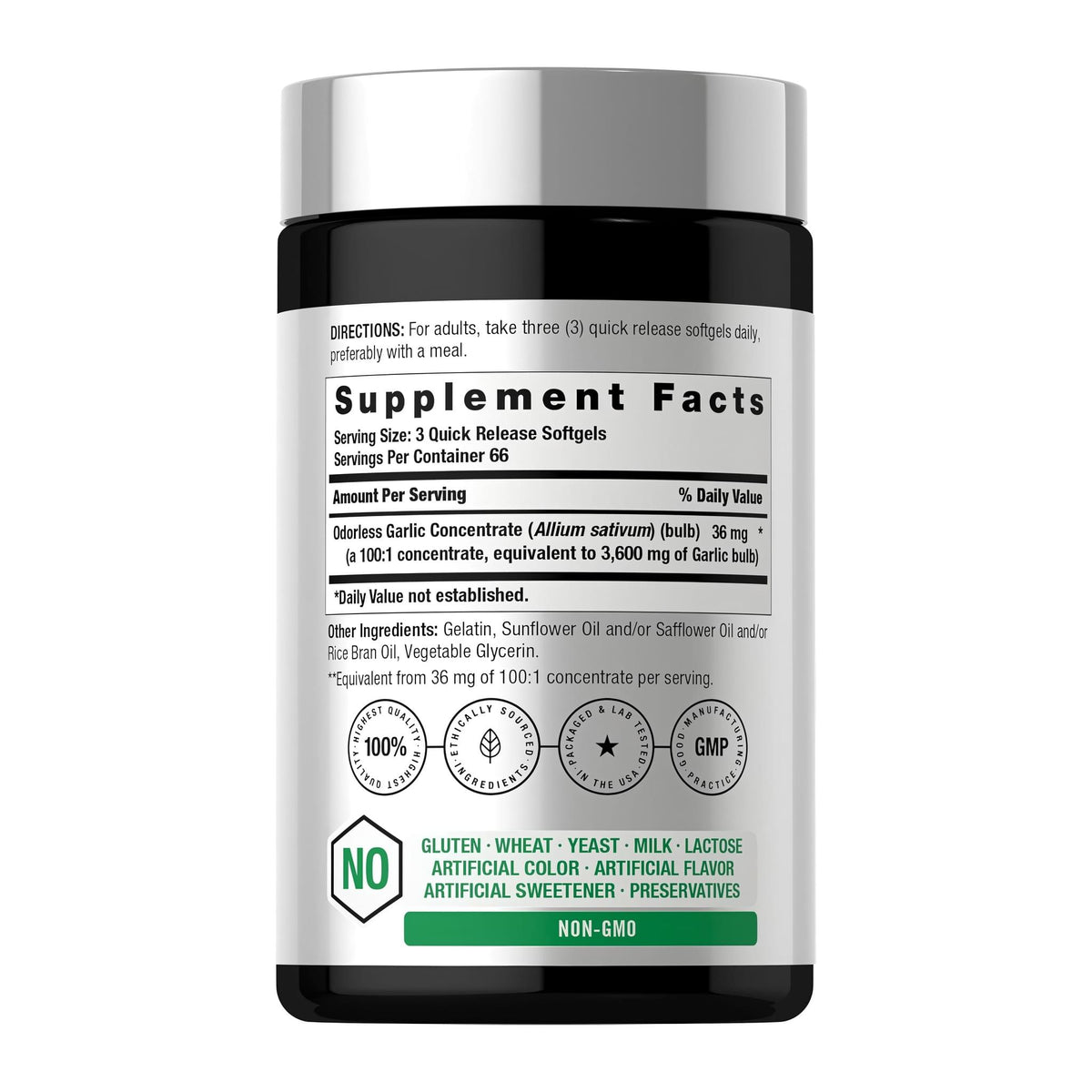 Horbaach Odorless Garlic 1200 mg, supplement facts panel - Image 2