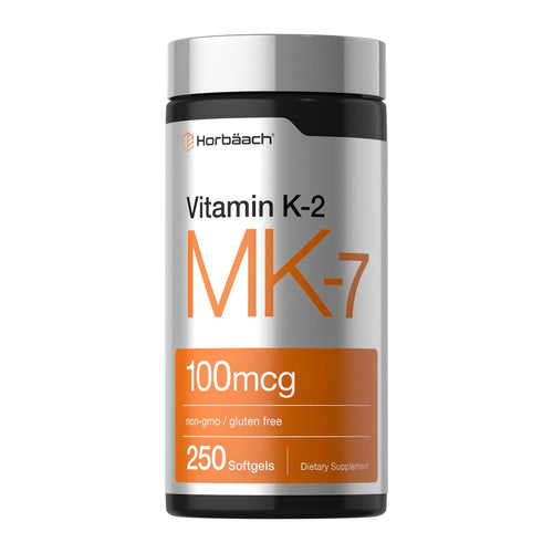 Vitamin K2 MK7 100mcg | 250 Softgels | by Horbaach, front of bottle