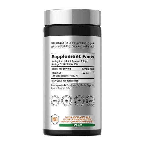Vitamin K2 MK7 100mcg | 250 Softgels | by Horbaach, supplement facts panel