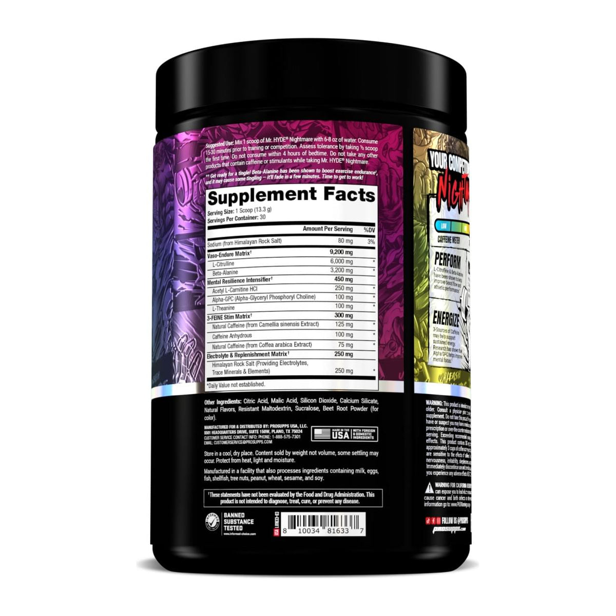 Hyde Nightmare Pre-Workout by ProSupps, supplement facts side label - Image 2