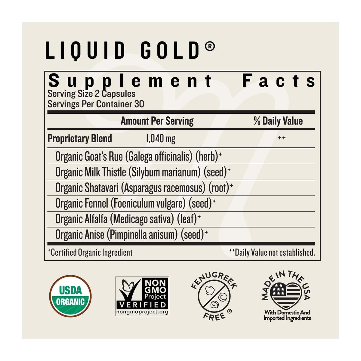Liquid Gold Lactation by Legendairy Milk, supplement facts panel - Image 2