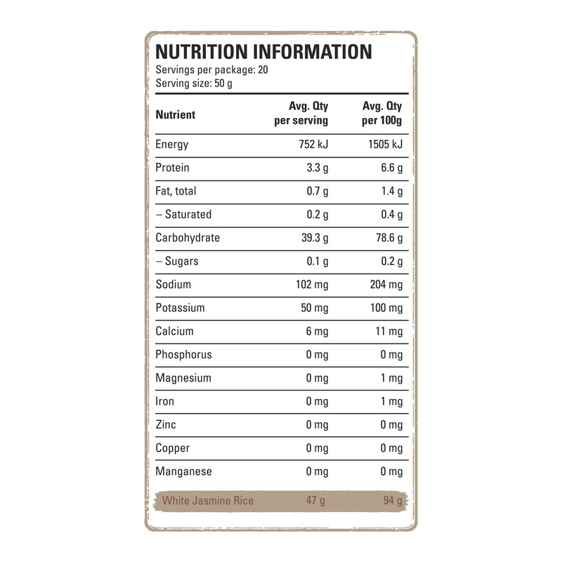 Legit Creamy Rice Vanilla nutrition information: per 50 g serve 752 kJ, 3.3 g protein, 0.7 g fat, 39.3 g carbohydrate, 0.1 g sugars, 102 mg sodium - Image 3