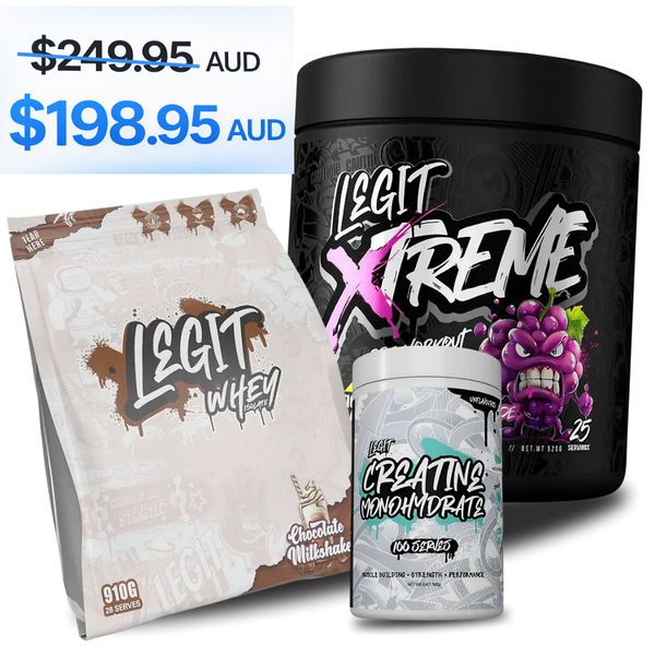 Legit Xtreme Stack Bundle Deal including Whey Protein, Xtreme Pre Workout and Creatine Monohydrate – Special Price $198.95 | SUPPS247 Australia

