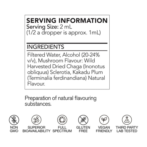 life cykel Chaga+ Mushroom Liquid Extract, AU serving information panel