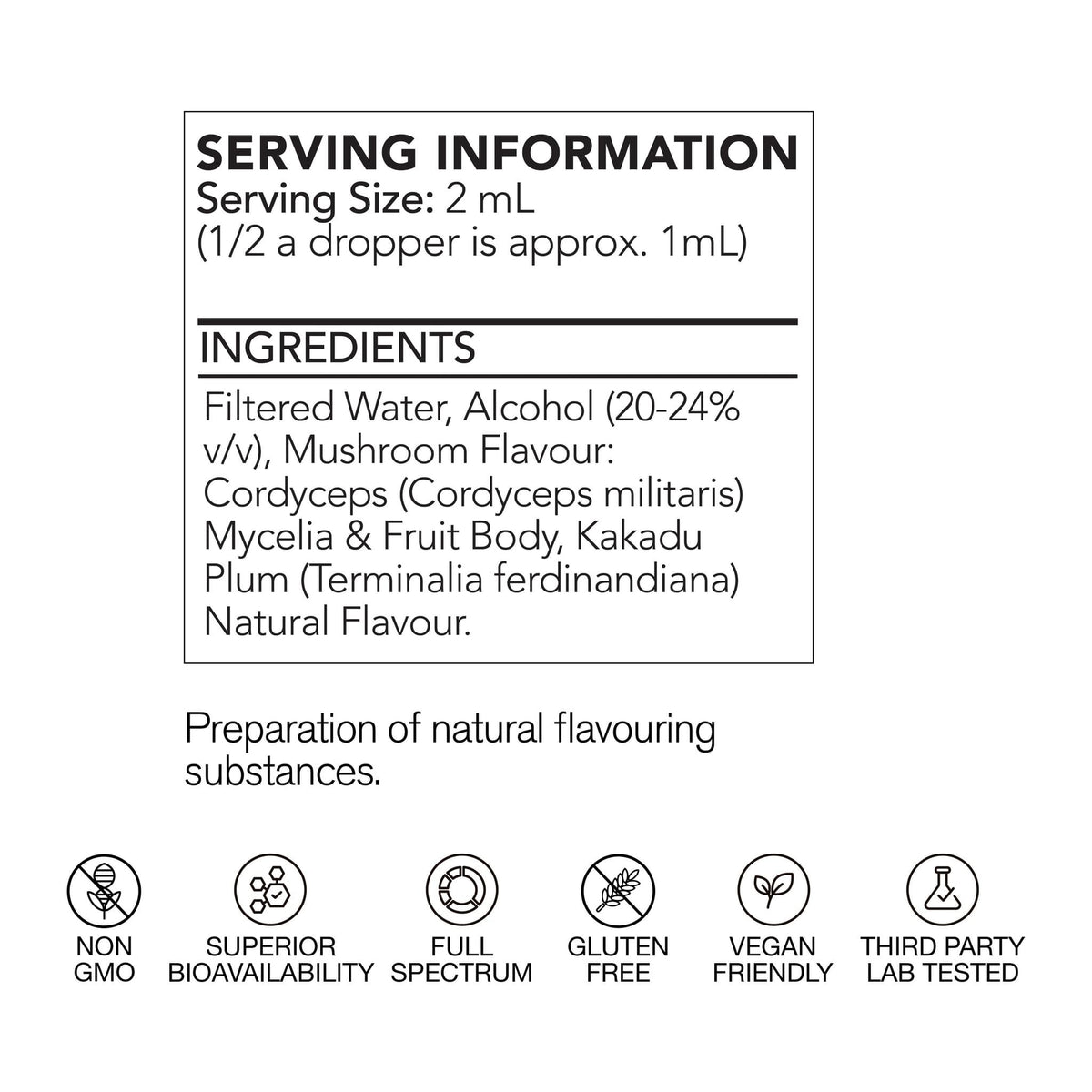 life cykel Cordyceps+ Liquid Extract, AU serving information panel - Image 2