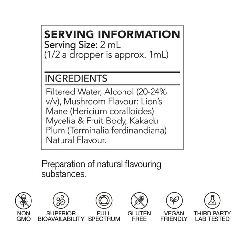 Life Cykel Lion's Mane+ with Kakadu Plum – 120mL, AU serving information panel