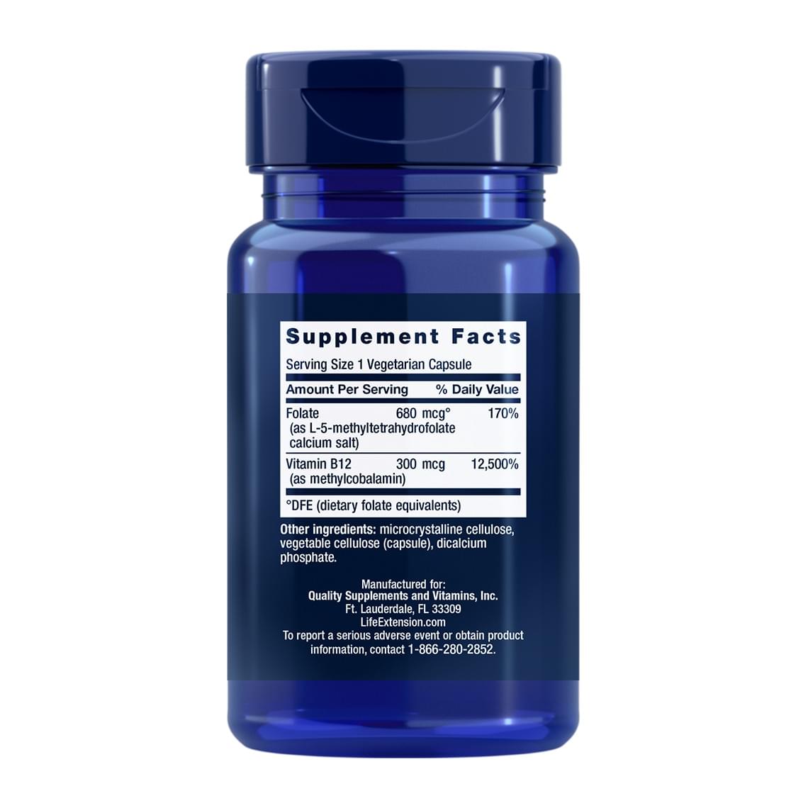 Life Extension Bioactive Folate & Vitamin B12, supplement facts panel - Image 2