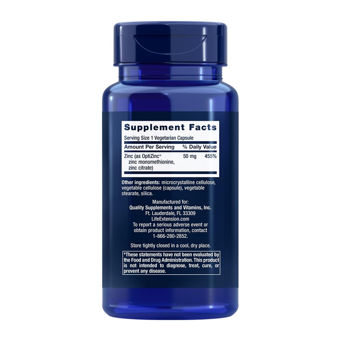 Life Extension Zinc Caps, supplement facts panel - Image 2