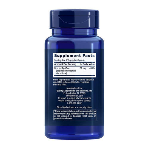 Life Extension Zinc Caps, supplement facts panel