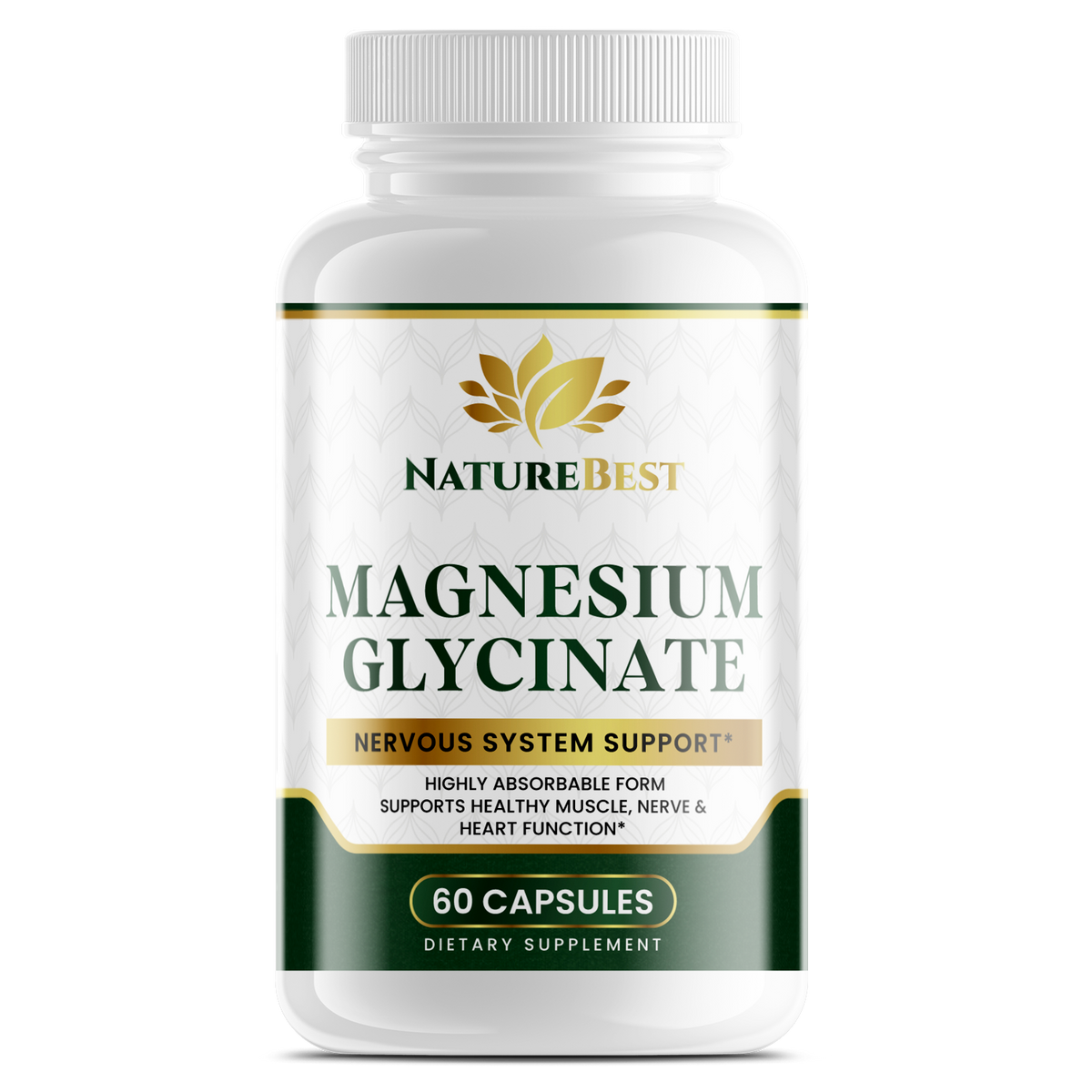 NatureBest Magnesium Glycinate supplement bottle for nervous system support on white background - Image 1