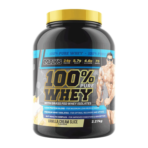 MAX'S 100% WHEY PROTEIN, Vanilla Cream Slice 2.27kg tub front