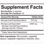 Supplement facts and ingredients label of NatureBest Moringa herbal supplement on white background