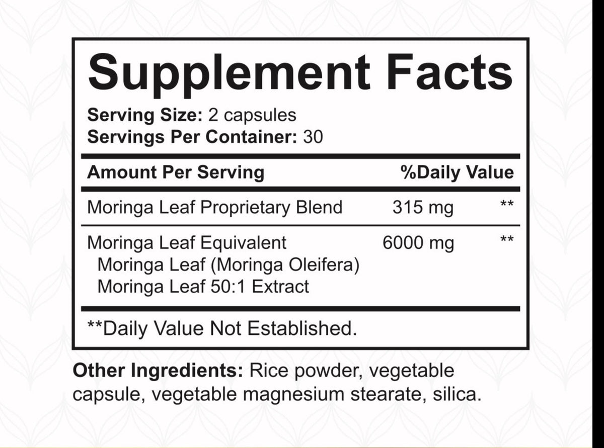 Supplement facts and ingredients label of NatureBest Moringa herbal supplement on white background - Image 2