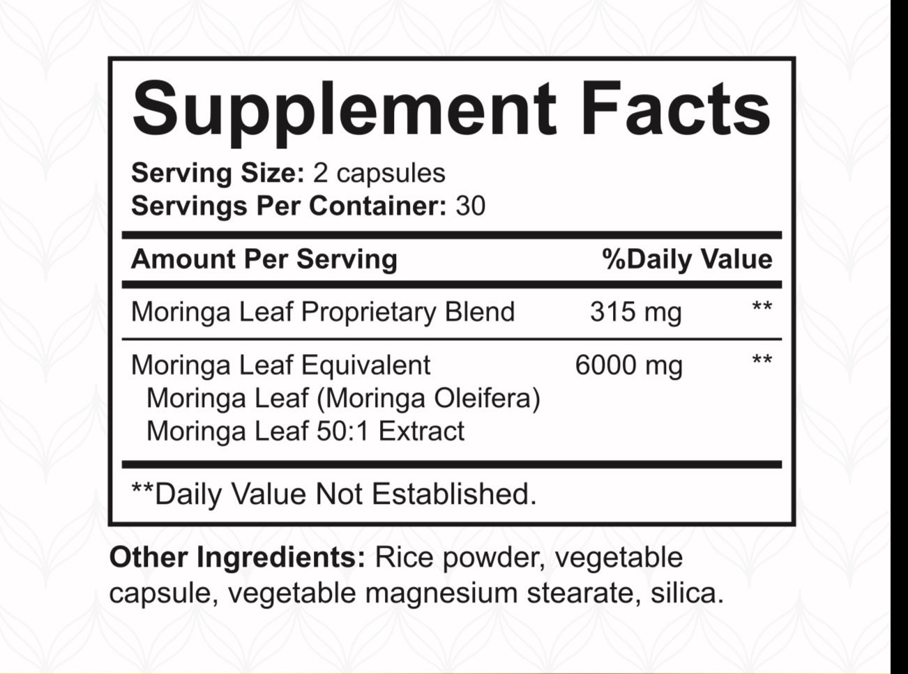 Supplement facts and ingredients label of NatureBest Moringa herbal supplement on white background
