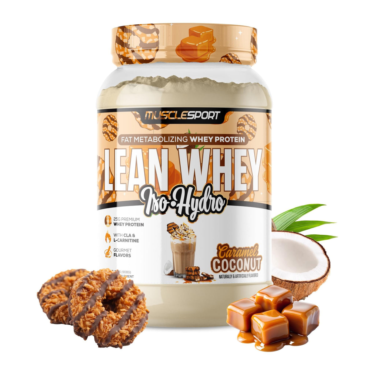 MuscleSport Lean Whey Iso Hydro Protein 2LB, Caramel Coconut tub front - Image 6