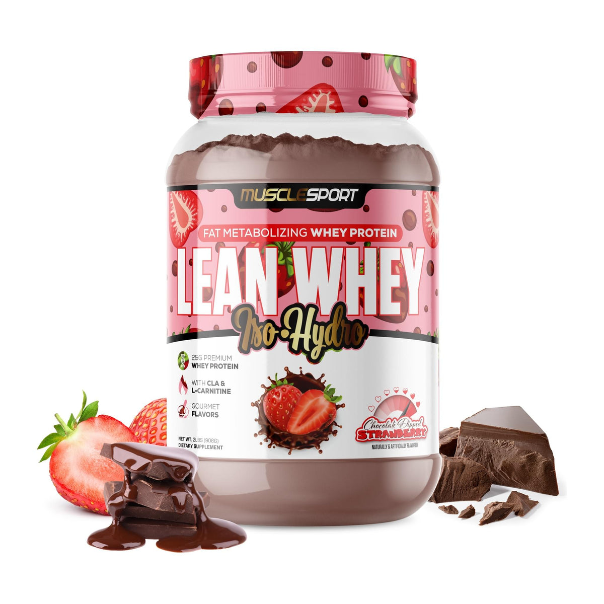 MuscleSport Lean Whey Iso Hydro Protein 2LB, Chocolate Dipped Strawberry tub front - Image 7