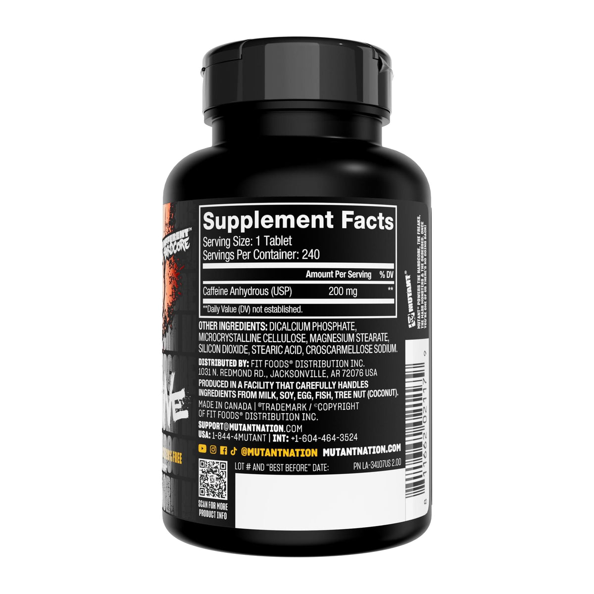 Mutant Caffeine 240 Tablets, supplement facts panel - Image 2