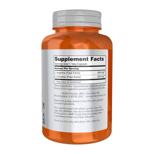 Now Foods Arginine & Citrulline 500 mg, supplement facts panel