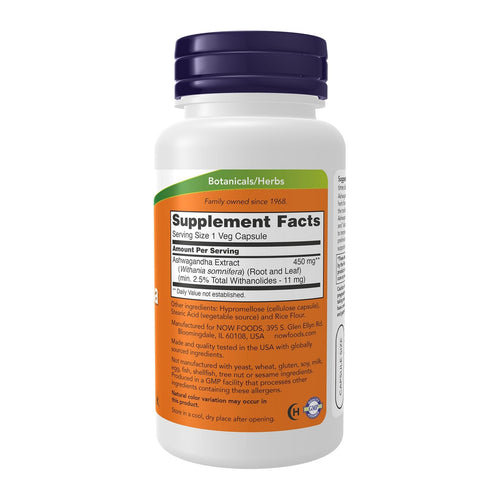NOW Foods, Ashwagandha, Standardized Extract, 450 mg, 90 Veg Capsules, supplement facts panel