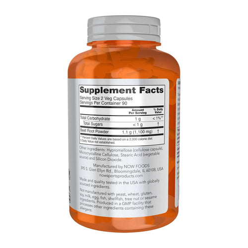 Beetroot 1,100mg. 180 Capsules, By NOW Foods, Sports, supplement facts panel