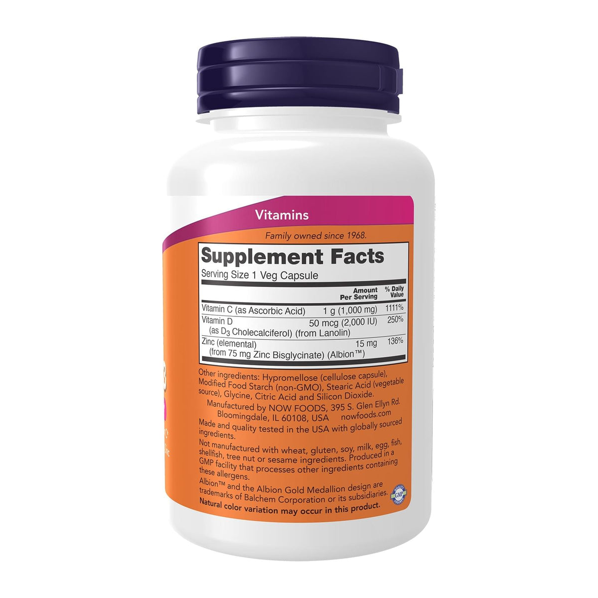 C-1000 Zinc D3, 100 veg caps by NOW FOODS, supplement facts panel - Image 2