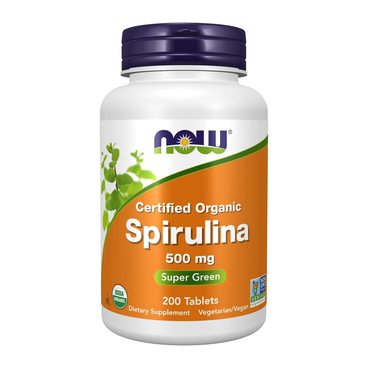 NOW Foods, Certified Organic Spirulina, 500 mg, 200 Tablets, front of bottle - Image 1