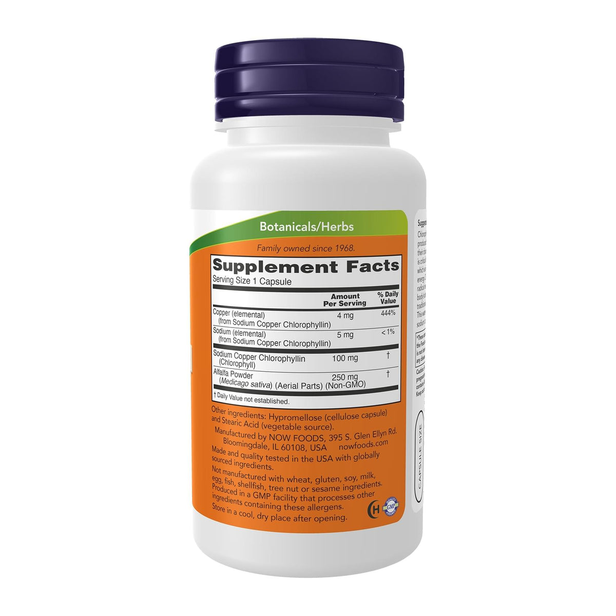 NOW Foods, Chlorophyll, 100 mg, 90 Veg Capsules, supplement facts panel - Image 2