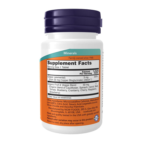 Now Foods Copper Glycinate 120 Tablets, supplement facts panel