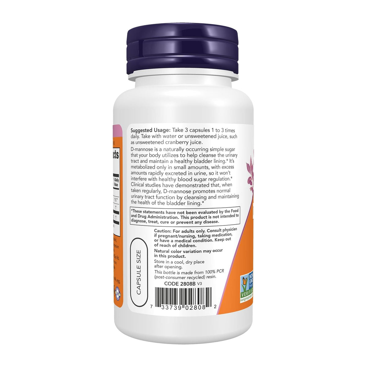 D-Mannose Urinary Support 500mg 60caps by NOW Sport, directions label - Image 3