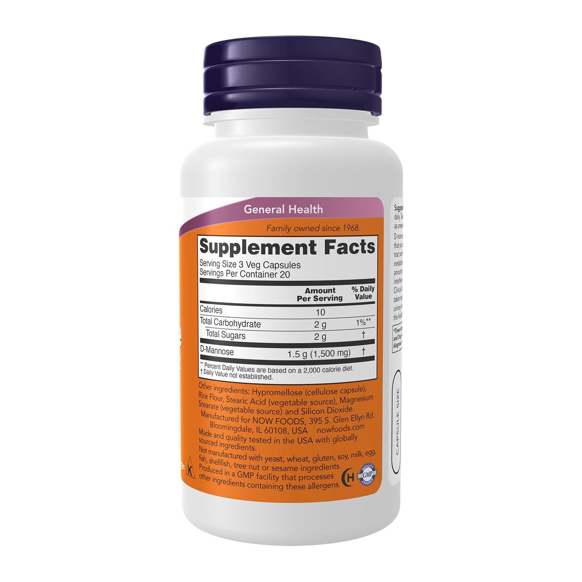 D-Mannose Urinary Support 500mg 60caps by NOW Sport, supplement facts panel - Image 2