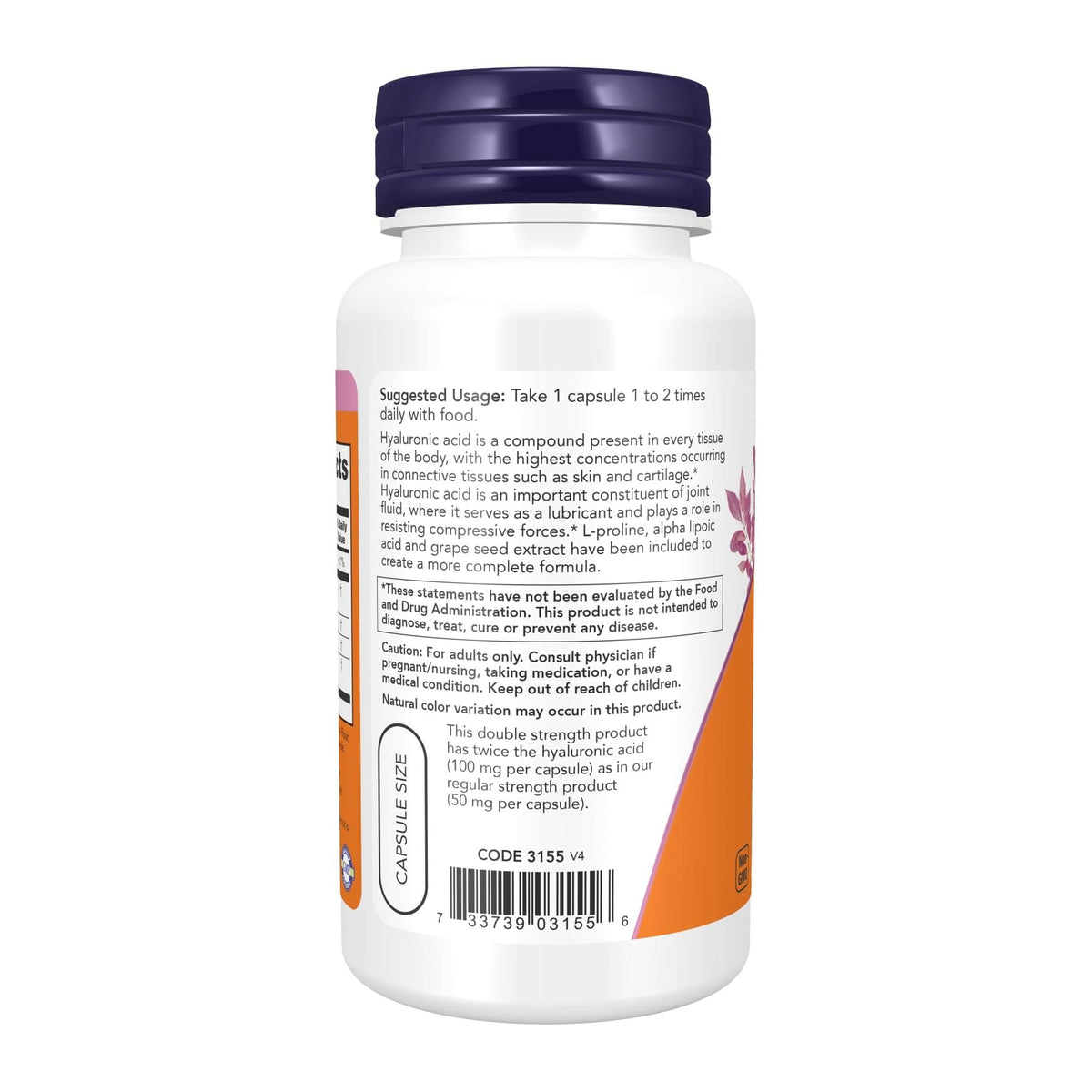 Double STR NOW Foods, Hyaluronic Acid, 100 mg, 60 Veg Capsules, directions label - Image 3