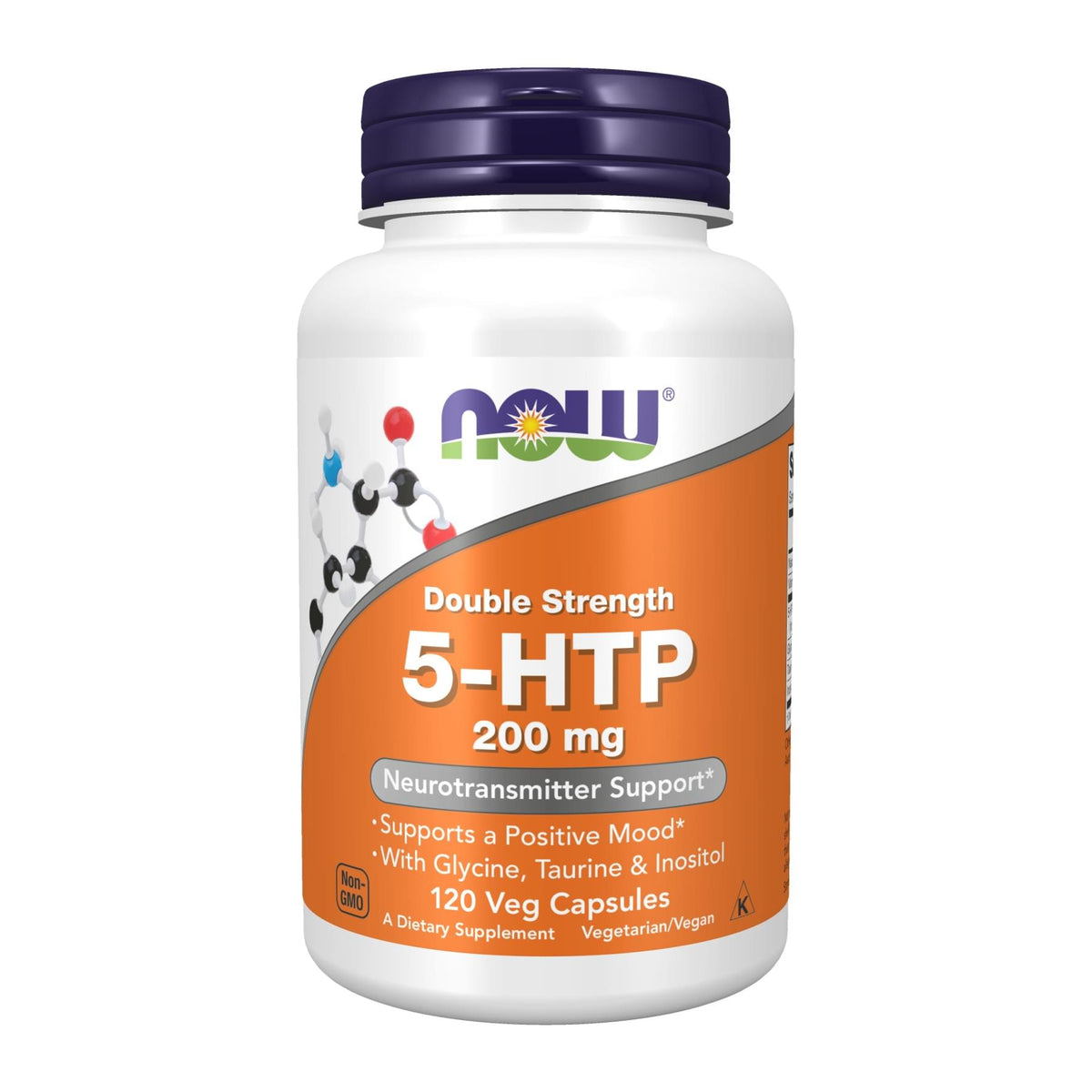 Double Strength 5 HTP 200 mg by NOW, 120 capsule front of bottle - Image 4