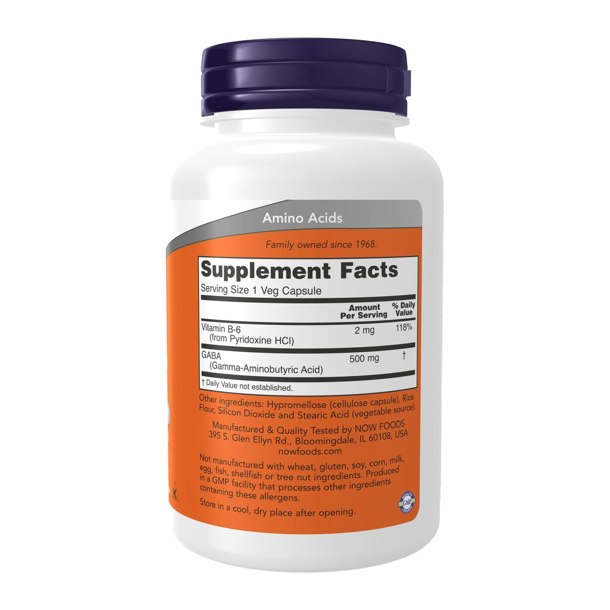 NOW Foods, GABA with Vitamin B-6, 500 mg, 100 Veg Capsules, supplement facts panel - Image 2