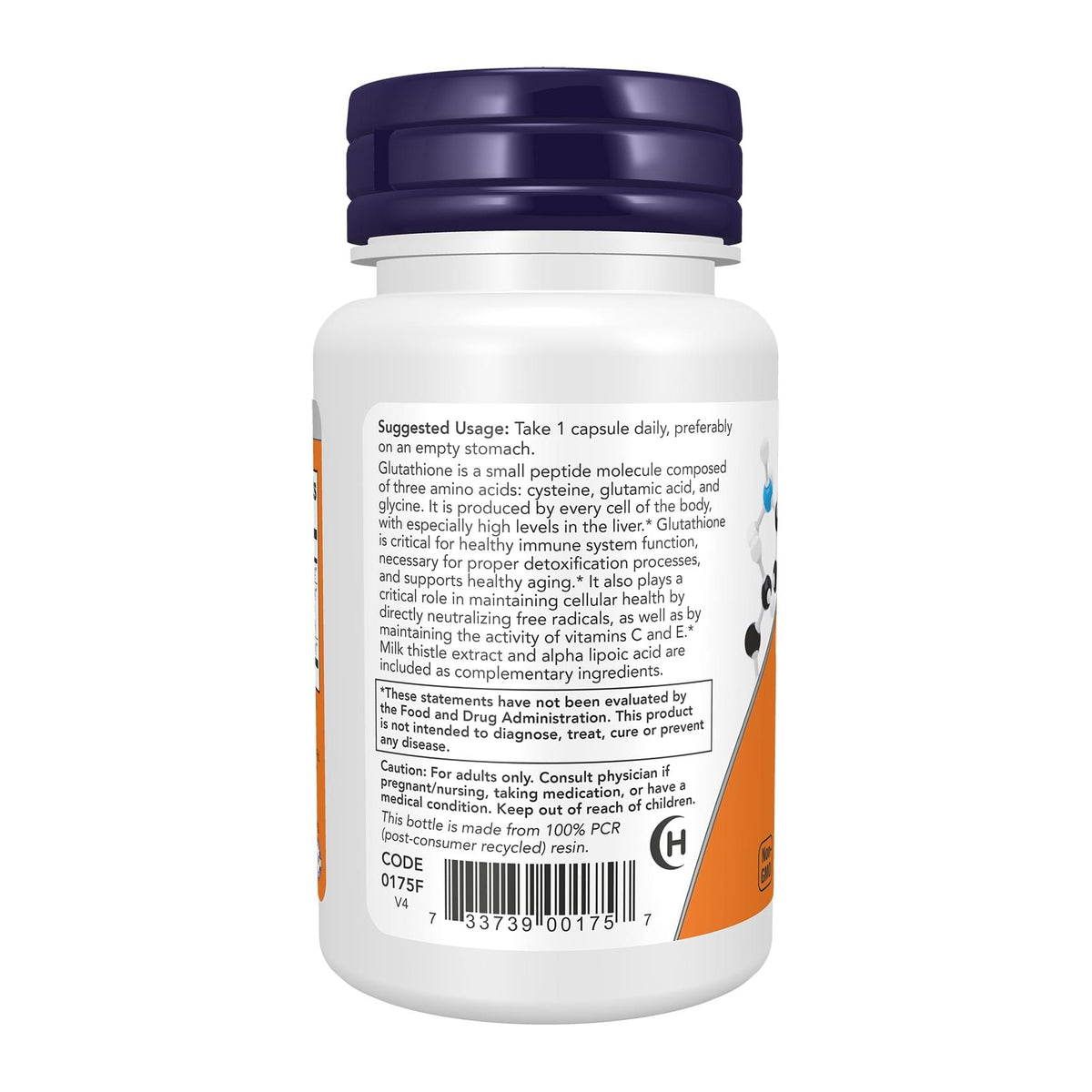 Glutathione 500MG 30 Veg Capsules by NOW, directions label - Image 3
