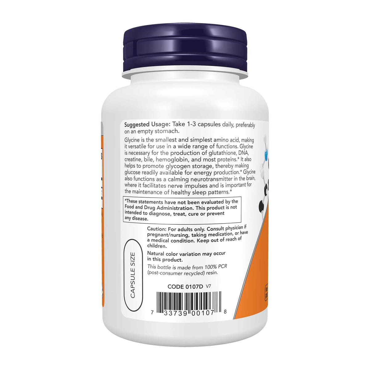 NOW Foods Glycine 1000 mg – 100 Veg Capsules, directions label - Image 3