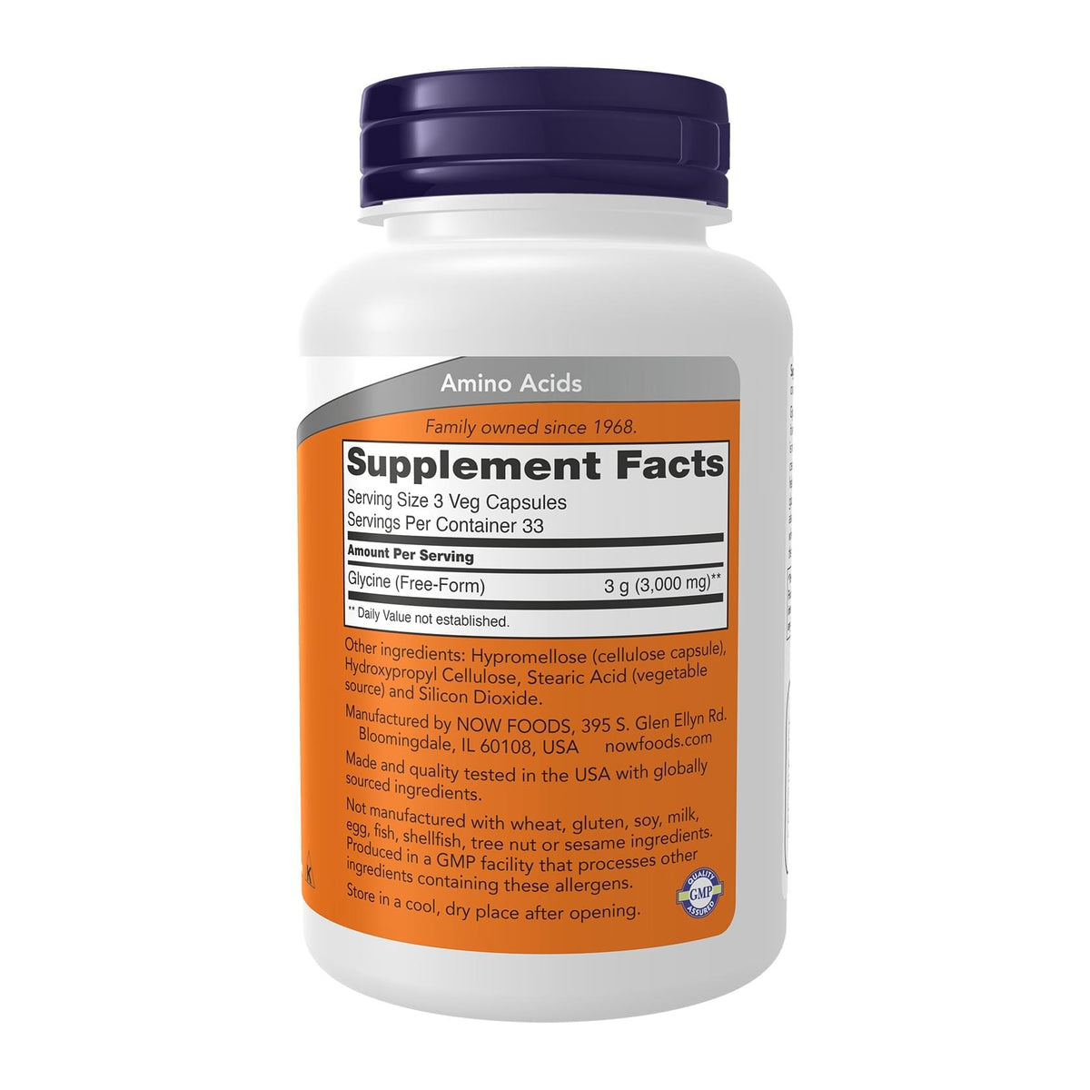 NOW Foods Glycine 1000 mg – 100 Veg Capsules, supplement facts panel - Image 2