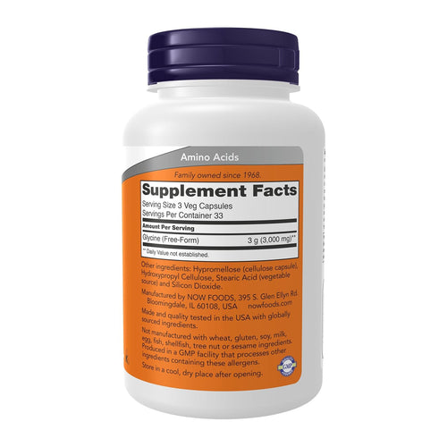 NOW Foods Glycine 1000 mg – 100 Veg Capsules, supplement facts panel