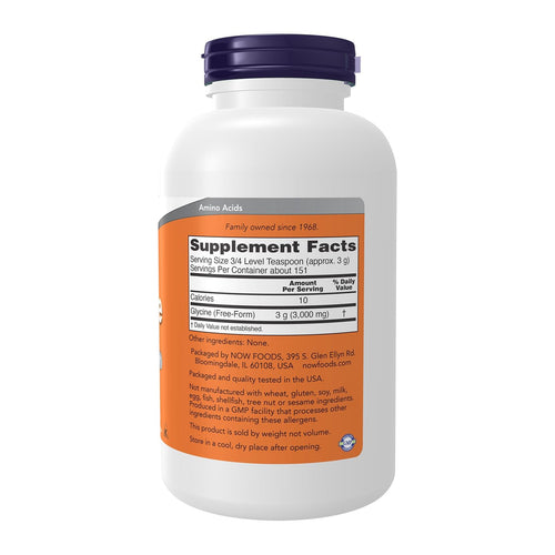 Glycine Pure Powder 454g, By NOW Foods, supplement facts panel