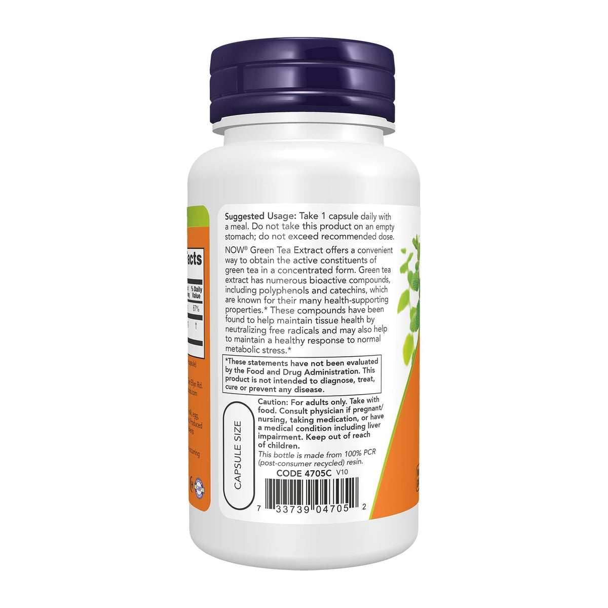Green Tea Extract 400mg 100 Veg Capsules by NOW., directions label - Image 3