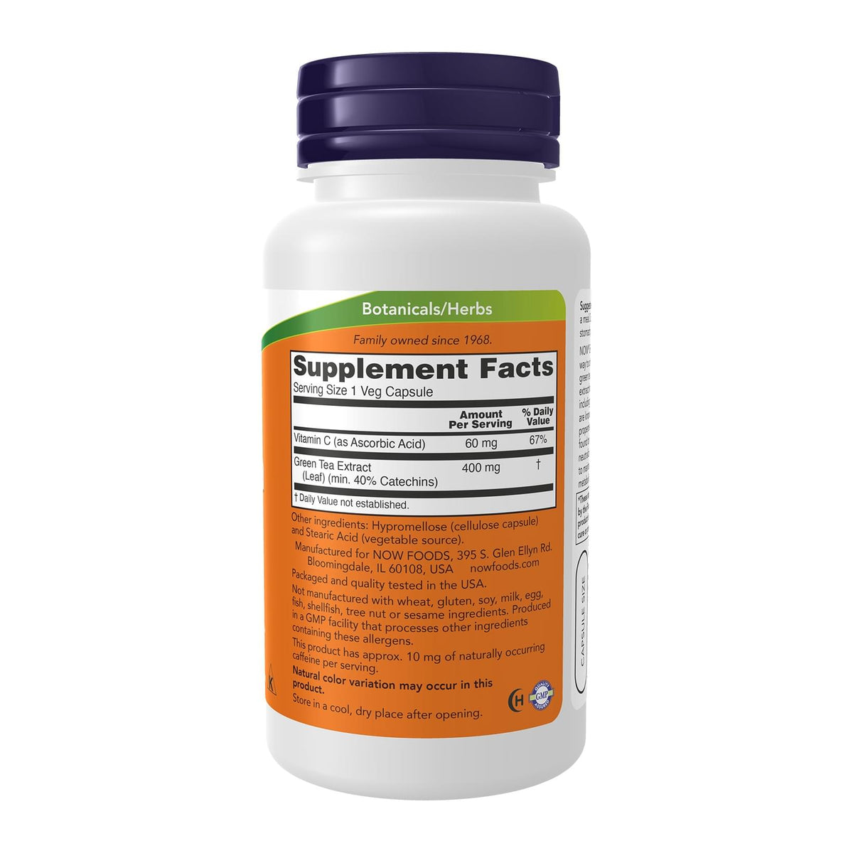 Green Tea Extract 400mg 100 Veg Capsules by NOW., supplement facts panel - Image 2