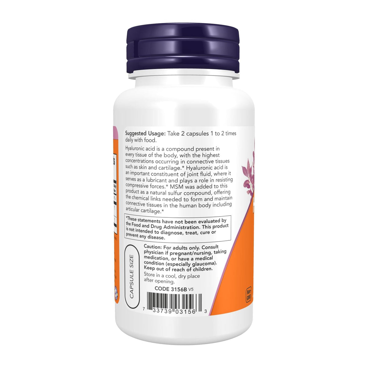Hyaluronic Acid 50mg Joint Support by NOW, directions label - Image 3