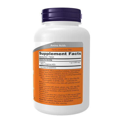 NOW Foods L-Arginine 1000mg Double Strength – 120 Tablets, supplement facts panel