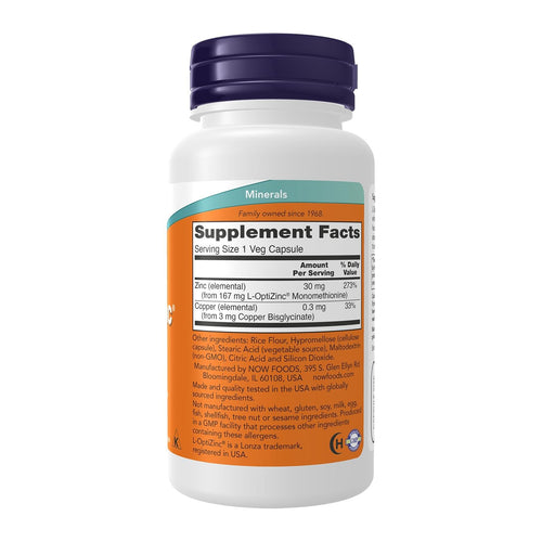 Now Foods L-Optizinc 30 mg 100 Caps, supplement facts panel